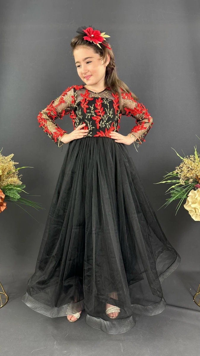 Kız Çocuk Uzun Tül Abiye Elbise Nakışlı Model 6-14 Yaş - SİYAH KIRMIZI