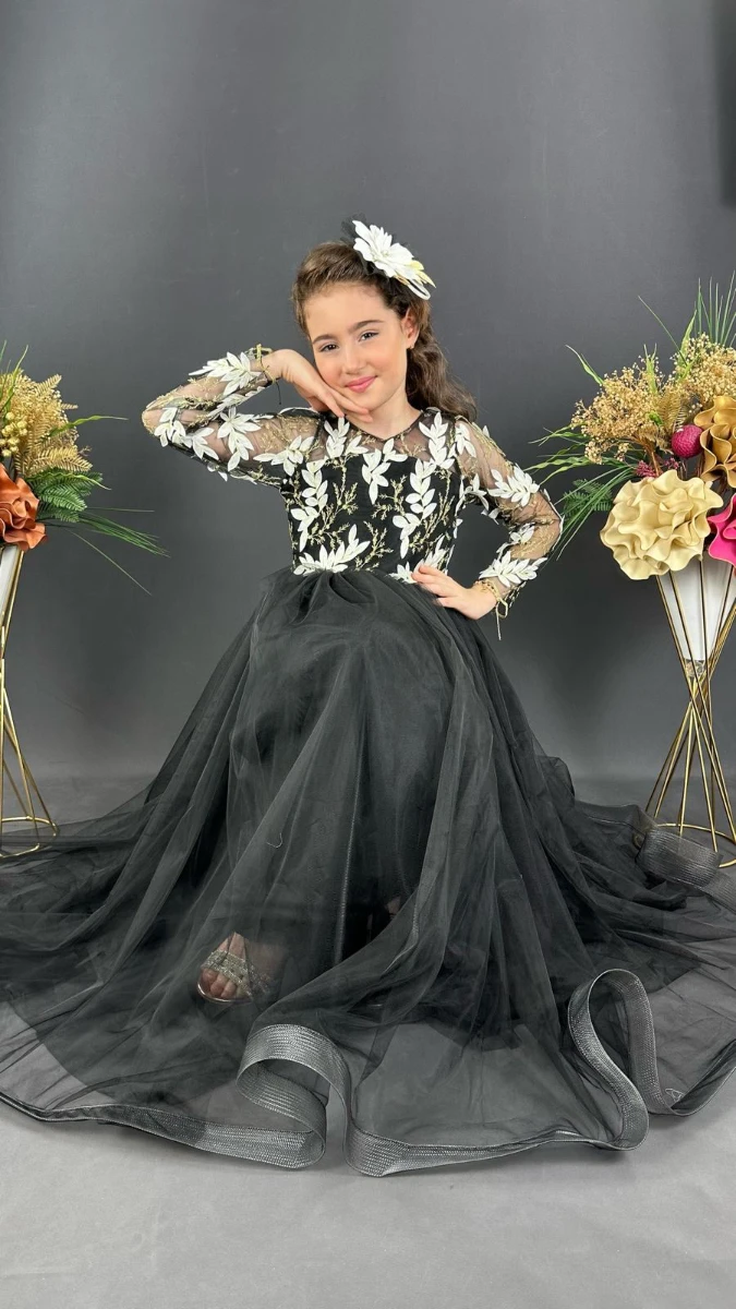 Kız Çocuk Uzun Tül Abiye Elbise Nakışlı Model 6-14 Yaş - SİYAH BEYAZ