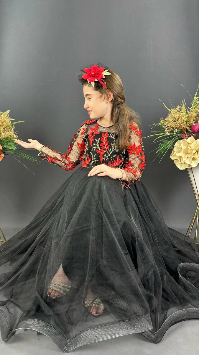 Kız Çocuk Uzun Tül Abiye Elbise Nakışlı Model 6-14 Yaş - SİYAH KIRMIZI