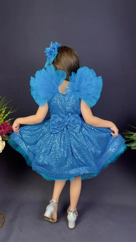 Kız Çocuk Payetli Tül Abiye Elbise Kabarık Model 6-10 Yaş - MAVİ