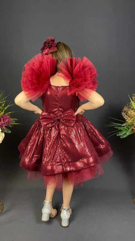 Kız Çocuk Payetli Tül Abiye Elbise Kabarık Model 6-10 Yaş - KIRMIZI