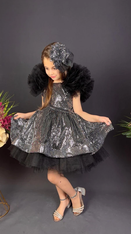 Kız Çocuk Payetli Tül Abiye Elbise Kabarık Model 6-10 Yaş - SİYAH GRİ