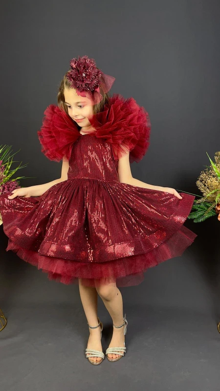 Kız Çocuk Payetli Tül Abiye Elbise Kabarık Model 6-10 Yaş - KIRMIZI