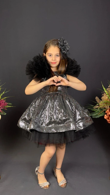 Kız Çocuk Payetli Tül Abiye Elbise Kabarık Model 6-10 Yaş - SİYAH GRİ