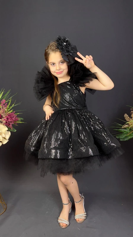 Kız Çocuk Payetli Tül Abiye Elbise Kabarık Model 6-10 Yaş - SİYAH