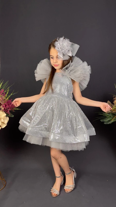 Kız Çocuk Payetli Tül Abiye Elbise Kabarık Model 6-10 Yaş - GRİ