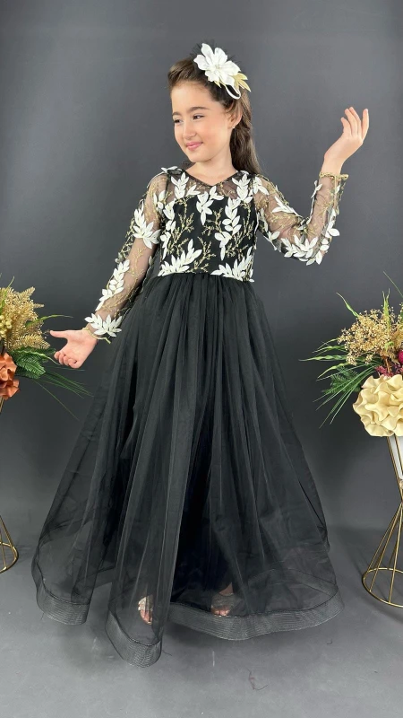 Kız Çocuk Uzun Tül Abiye Elbise Nakışlı Model 6-14 Yaş - SİYAH BEYAZ