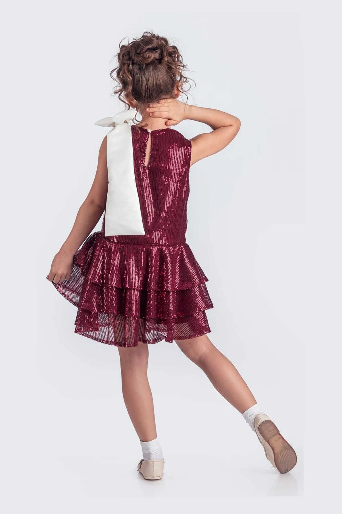 Etekli Şık Elbise Pullu 3 Kat - BORDO