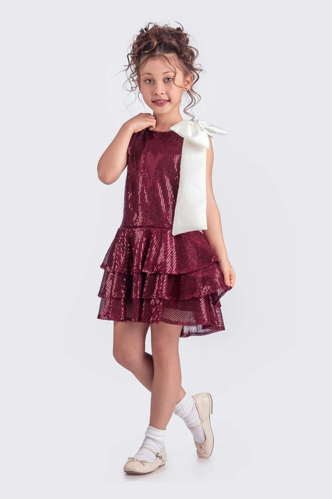 Etekli Şık Elbise Pullu 3 Kat - BORDO