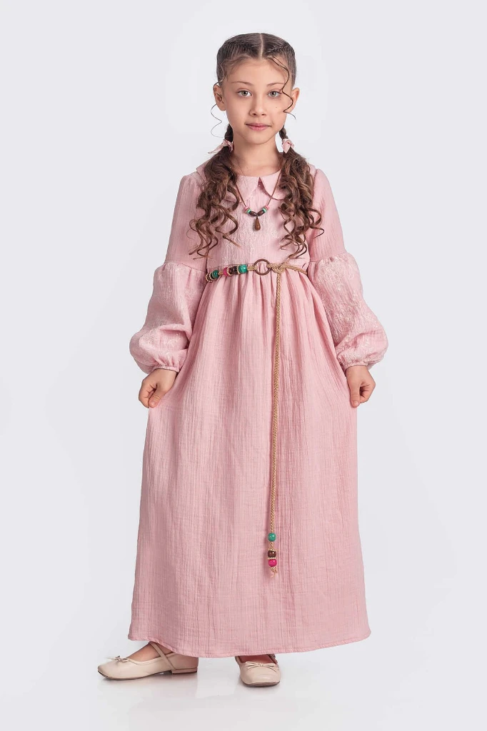 Bebe Yaka Kız Çocuk Uzun Kol Elbise - KOYU PEMBE