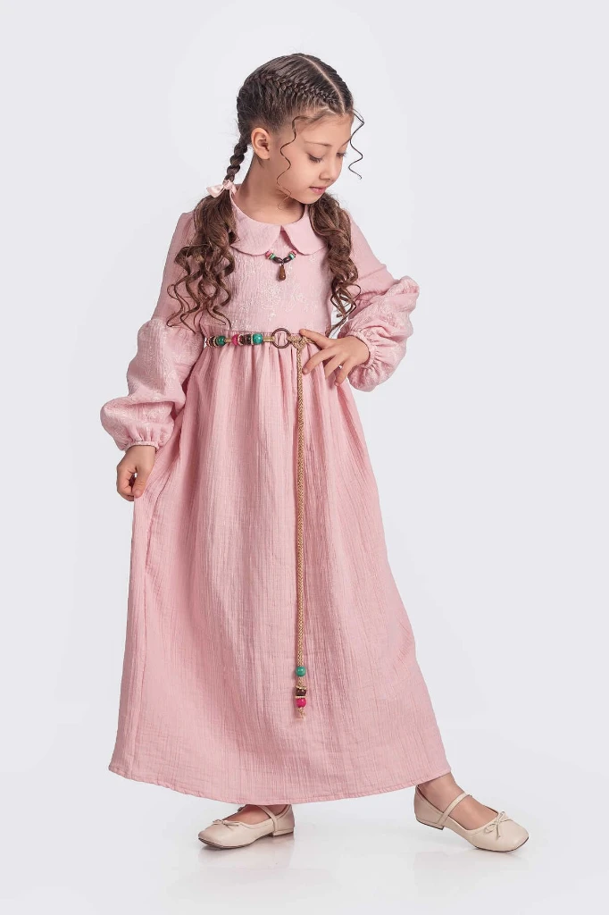 Bebe Yaka Kız Çocuk Uzun Kol Elbise - KOYU PEMBE