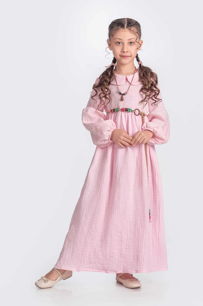 Bebe Yaka Kız Çocuk Uzun Kol Elbise - PEMBE