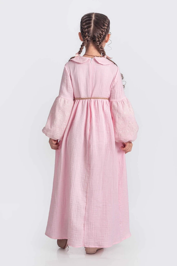 Bebe Yaka Kız Çocuk Uzun Kol Elbise - PEMBE