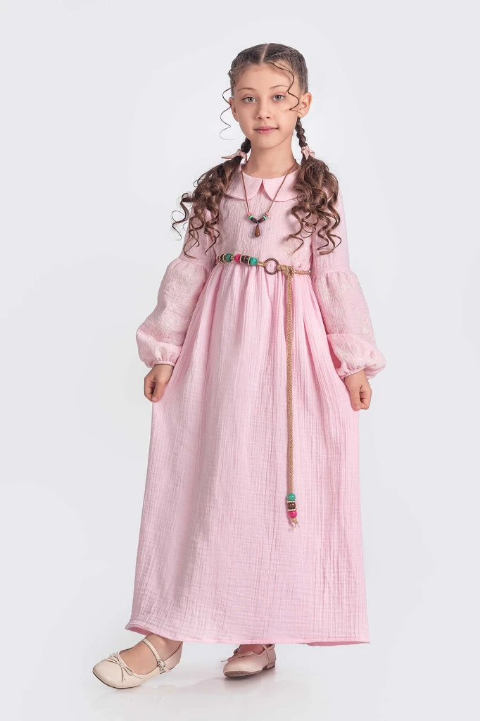 Bebe Yaka Kız Çocuk Uzun Kol Elbise - PEMBE