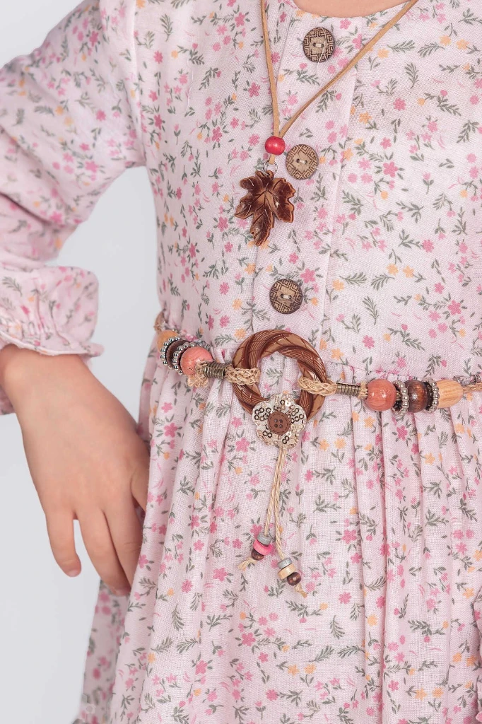 Kız Çocuk Uzun Kol Elbise Müslin Kumaş - PEMBE