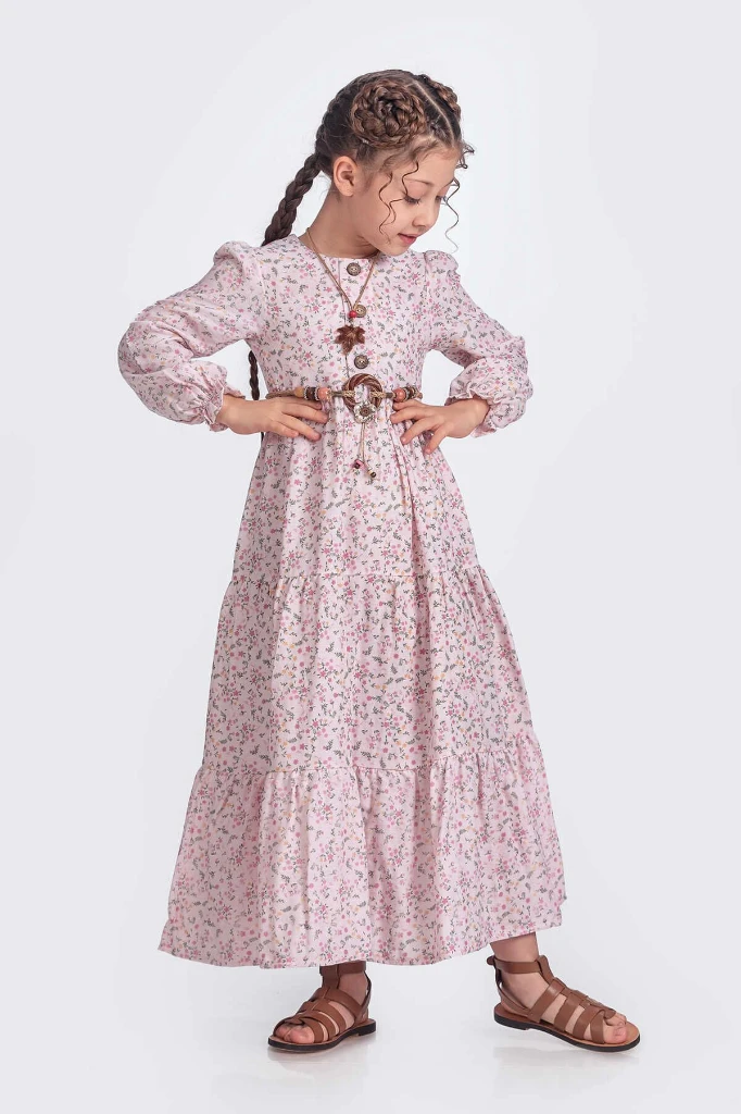 Kız Çocuk Uzun Kol Elbise Müslin Kumaş - PEMBE