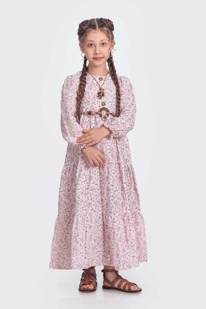 Kız Çocuk Uzun Kol Elbise Müslin Kumaş - PEMBE