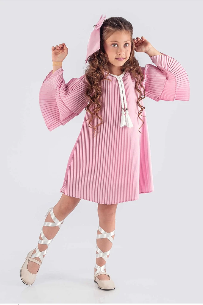 Kız Çocuk Elbise Piliseli Şık - PEMBE