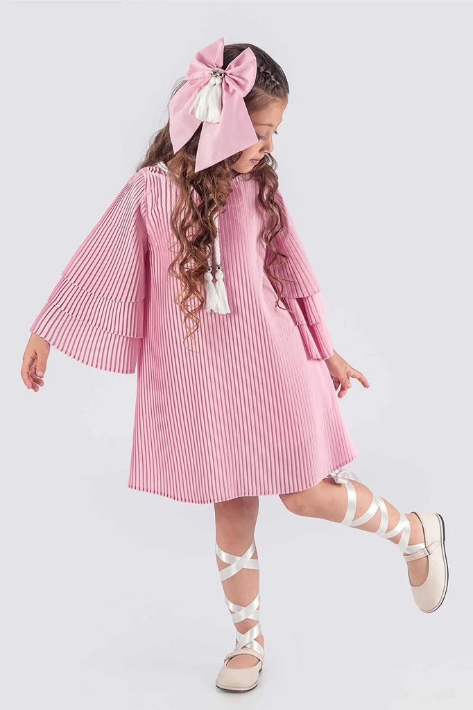 Kız Çocuk Elbise Piliseli Şık - PEMBE