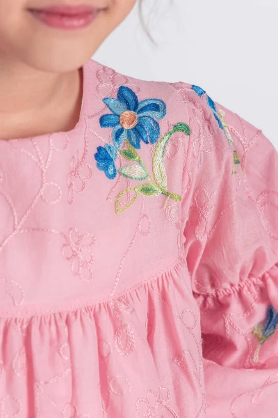 Çiçek Nakışlı Elbise Balon Kollu - PEMBE