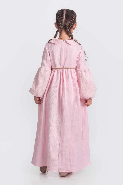 Bebe Yaka Kız Çocuk Uzun Kol Elbise - PEMBE