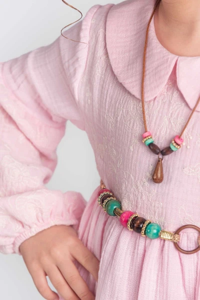 Bebe Yaka Kız Çocuk Uzun Kol Elbise - PEMBE