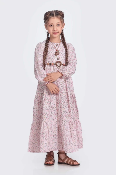 Kız Çocuk Uzun Kol Elbise Müslin Kumaş - PEMBE