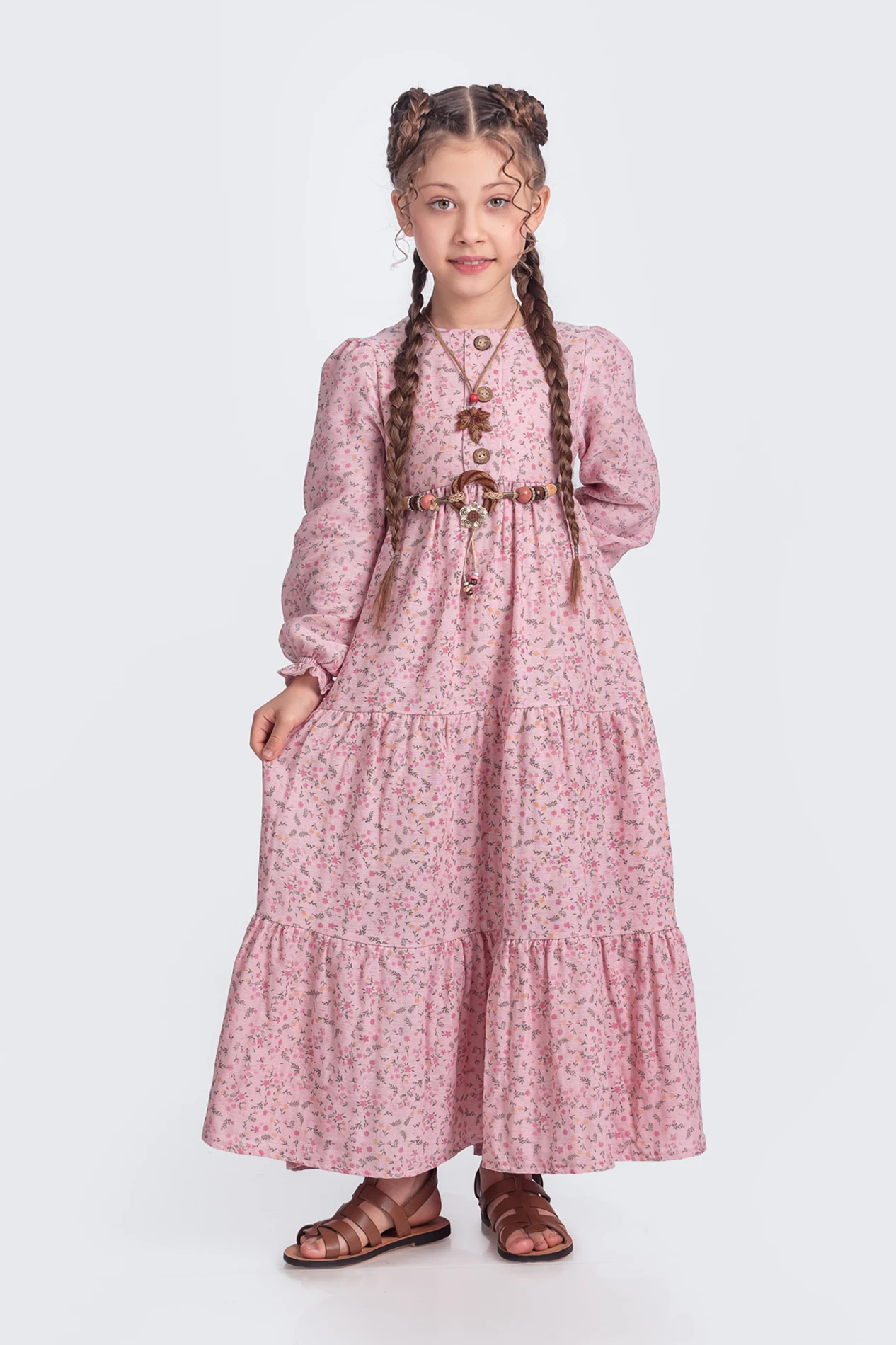 Kız Çocuk Uzun Kol Elbise Müslin Kumaş - KOYU PEMBE