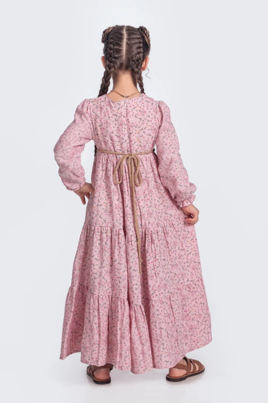 Kız Çocuk Uzun Kol Elbise Müslin Kumaş - KOYU PEMBE
