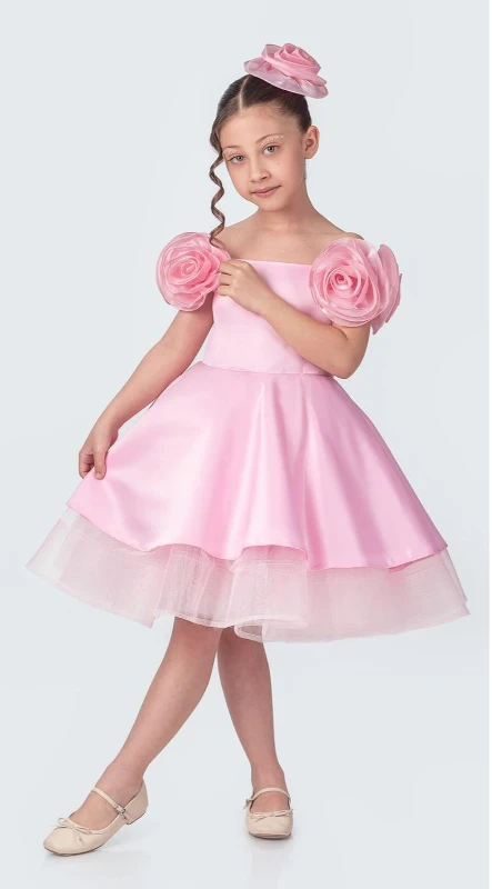 Gül Aksesuarlı Rose Kız Çocuk Abiye Elbise  - PEMBE