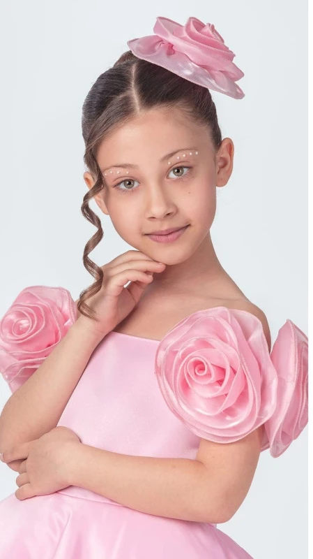 Gül Aksesuarlı Rose Kız Çocuk Abiye Elbise  - PEMBE