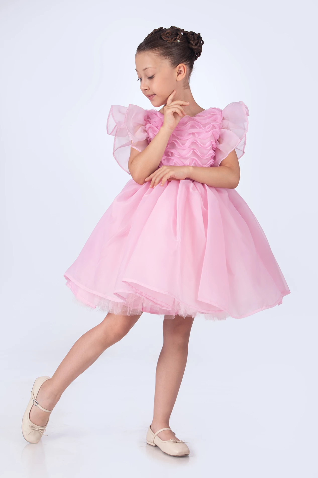 3 Boyutlu Gül Detaylı Kız Çocuk Elbise  - PEMBE
