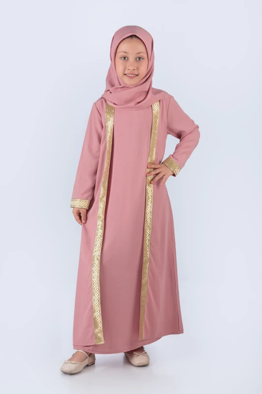 Eşarplı Ferace Medine İpek Kumaş Kız Çocuk  - PEMBE