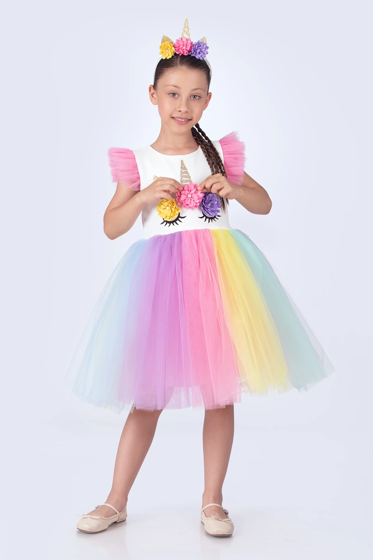 "Gökkuşağı Renkli Piliseli Abiye Elbise"