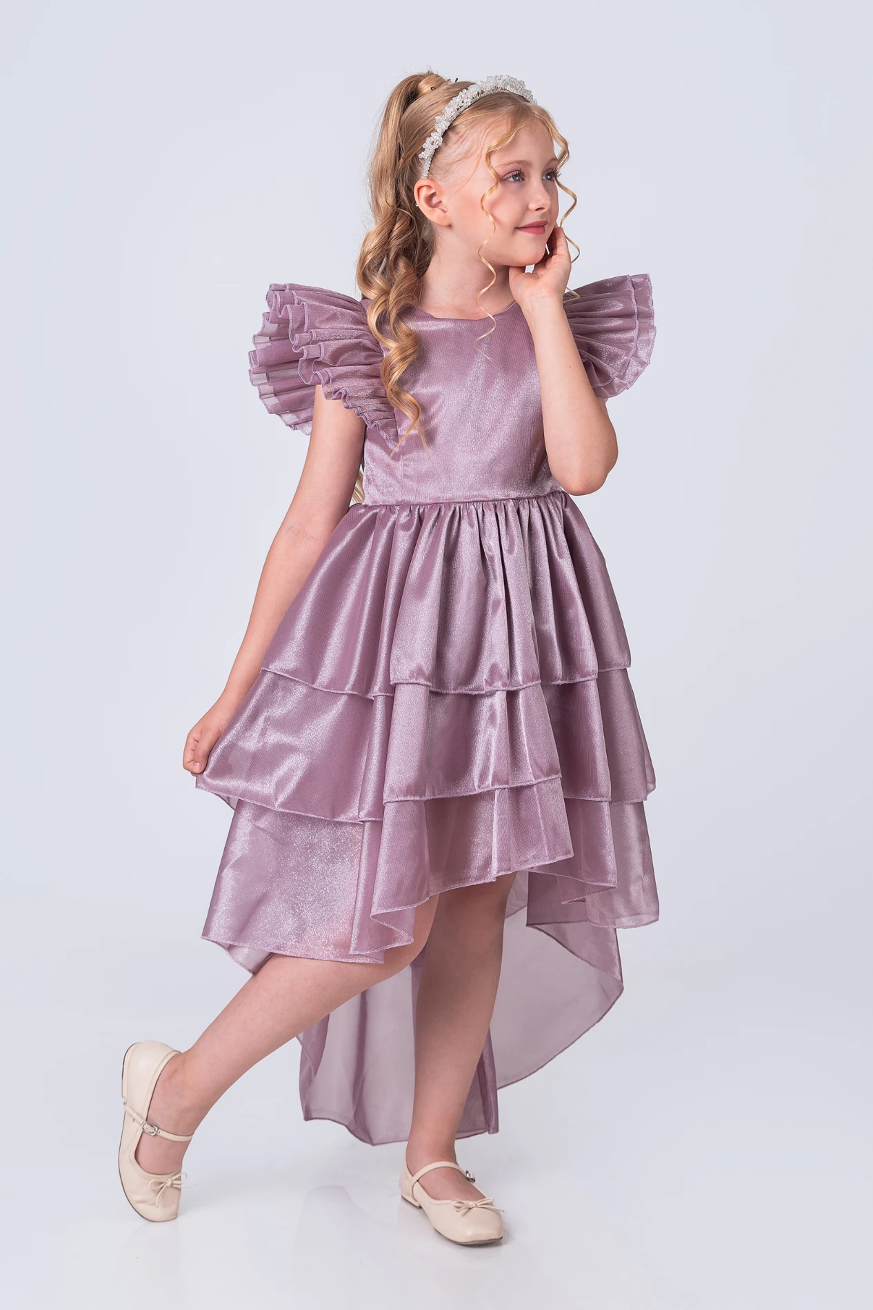 Kız Çocuk Taçlı Kat Kat Abiye Elbise- Zarif Kuyruklu Prenses Model - LİLA