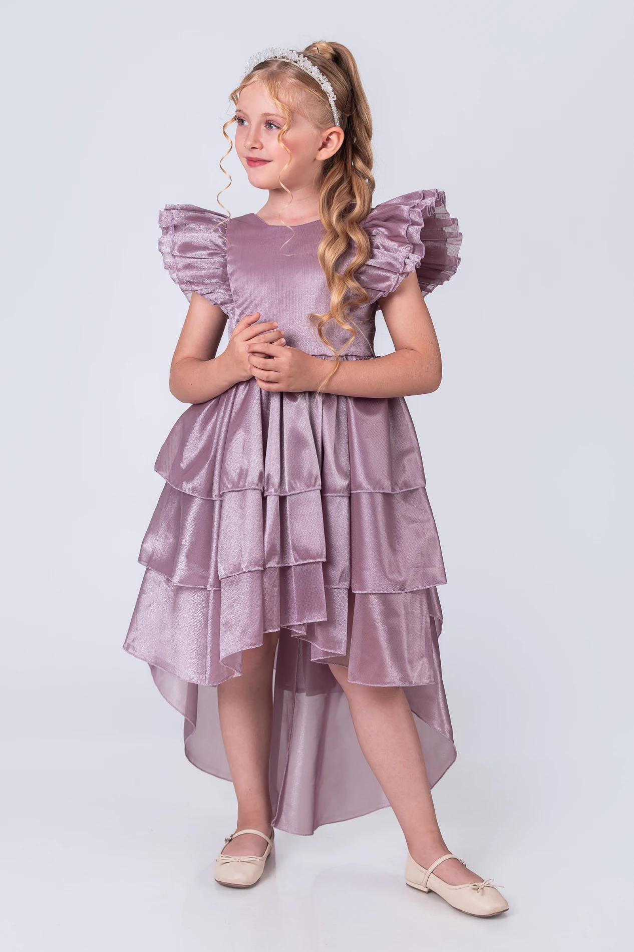 Kız Çocuk Taçlı Kat Kat Abiye Elbise- Zarif Kuyruklu Prenses Model - LİLA