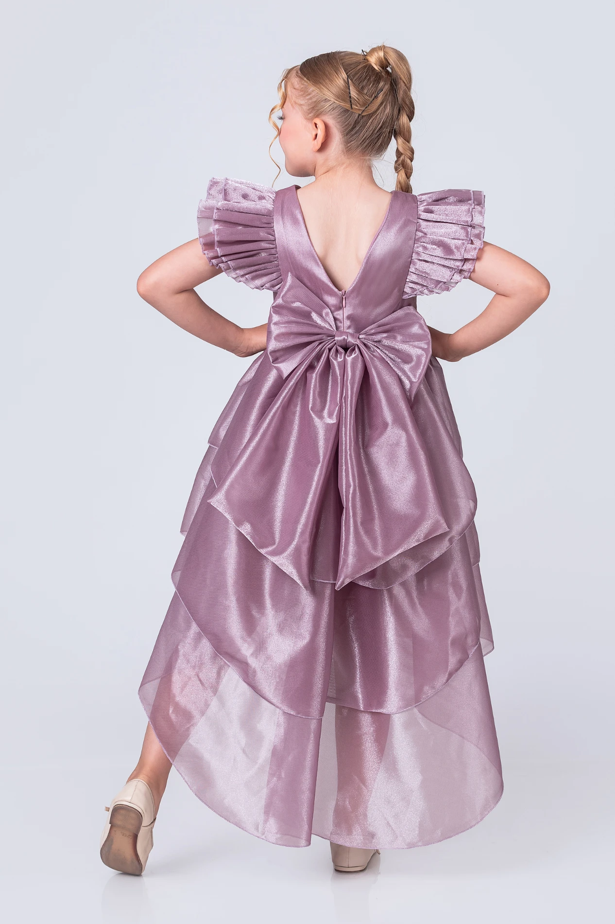 Kız Çocuk Taçlı Kat Kat Abiye Elbise- Zarif Kuyruklu Prenses Model - LİLA